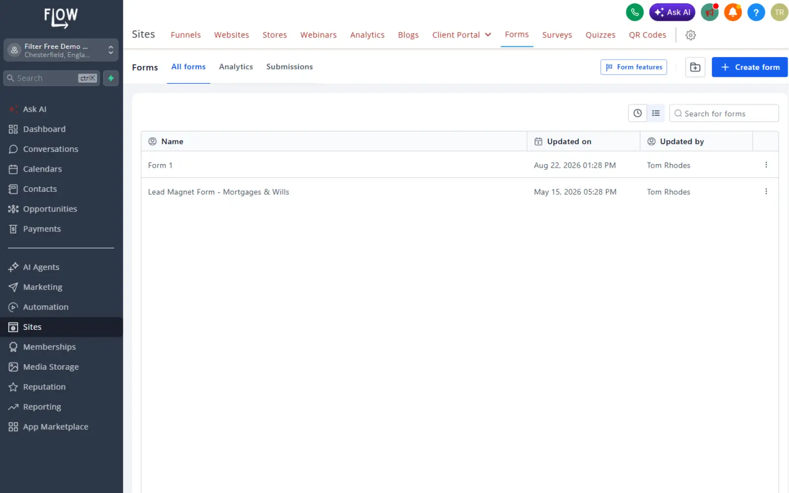Flow Menu Sites Forms Flow Menu Sites Forms